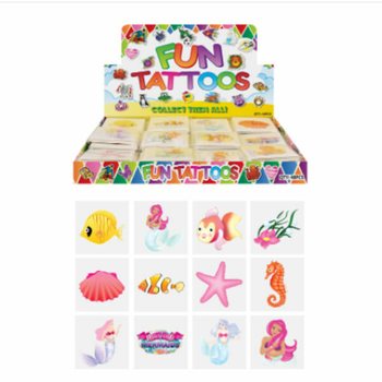 Linksmosios tatuiruotės - MODELIS: UNDINĖ / MERMAID, pakuotės su 12x tatuiruočių DISPLĖJUJE (48 vnt.)