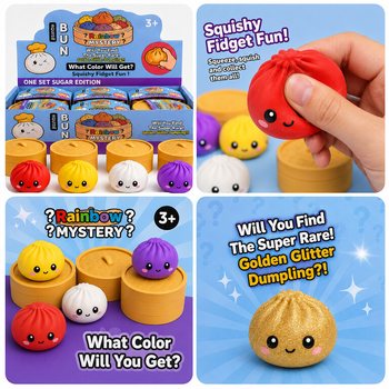 RAGE - Squishy SUGAR EDITION Bun Dumplings DIDELI (8.5 x 8.5 x 4.8 cm) - Viral 2026 Fidget žaislas (12 vnt.)