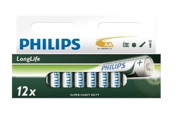 12x BATERIJOS "PHILIPS - SUPER HEAVY DUTY" AA - LONGLIFE (12 vnt. Blisteris)