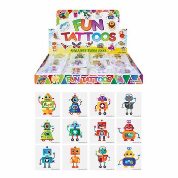 LINKSMOSIOS TATUIRUOTĖS - MODELIS: ROBOTAS, pakuotėje 12 vnt. tatuiruočių EKSPOZICIJOJE (48 vnt.)