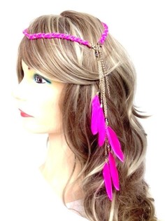 Pinta plaukų juosta su plunksnomis Ibiza stiliaus fuksija (1 vnt.)
