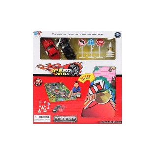 DIE CAST AUTOMOBILIŲ RINKINYS SU ŽAIDIMŲ KILIMĖLIU (6 vnt.)