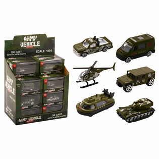 Metalinės karinės transporto priemonės Die Cast, mastelis 1:64 ekspozicijoje (24 vnt.)