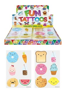 Linksmos tatuiruotės - Modelis: Maisto veidukai (48 vnt. ekspozicija, 12 tatuiruočių pakuotėje)