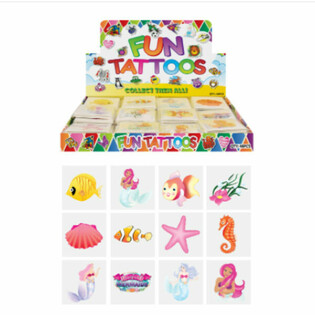 Linksmosios tatuiruotės - MODELIS: UNDINĖ / MERMAID, pakuotės su 12x tatuiruočių DISPLĖJUJE (48 vnt.)