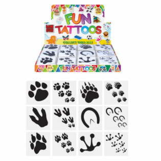 Linksmos tatuiruotės - modelis: Gyvūnų pėdsakai, 12 vnt. pakuotėje, displėjus (48 pak.)