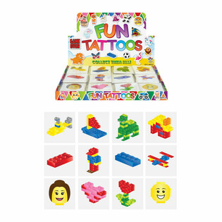 LINKSMOS TATUIRUOTĖS - MODELIS: BRICKS KALADĖLĖS, pakuotės po 12 vnt. EKRANE (48 vnt.)