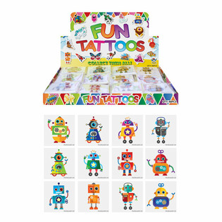 LINKSMOSIOS TATUIRUOTĖS - MODELIS: ROBOTAS, pakuotėje 12 vnt. tatuiruočių EKSPOZICIJOJE (48 vnt.)